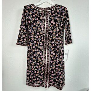 Wisp Petites Womens Floral Print 3/4 Sleeve Shift Dress Size 4P Black/Pink New